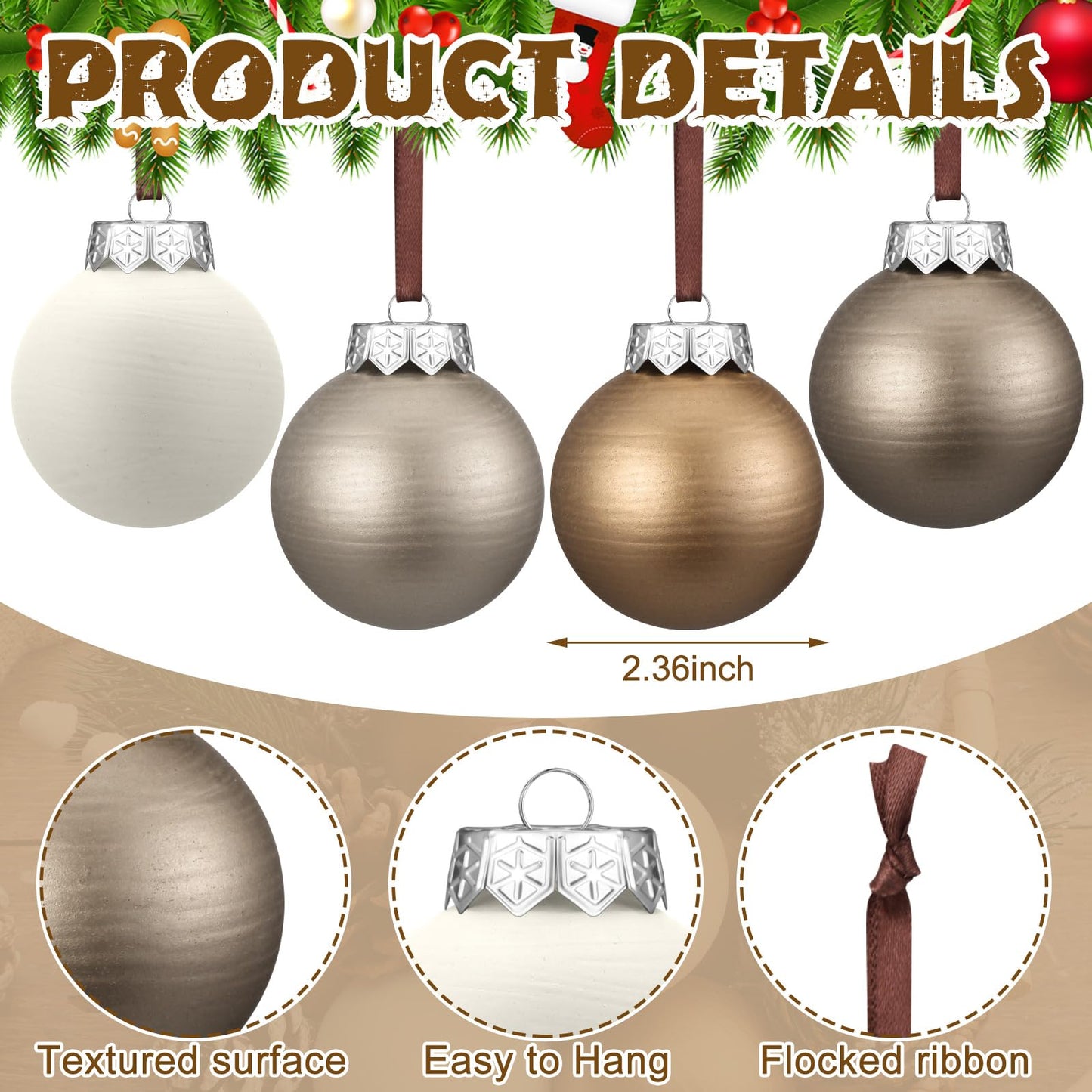 Suilung 12 Pcs Modern Neutral Christmas Ball Ornaments Set 2.4 Inch Rustic White Brown Xmas Baubles Shatterproof Textured Farmhouse Modern Christmas Decor for Xmas Tree Holiday Indoor Home Decor