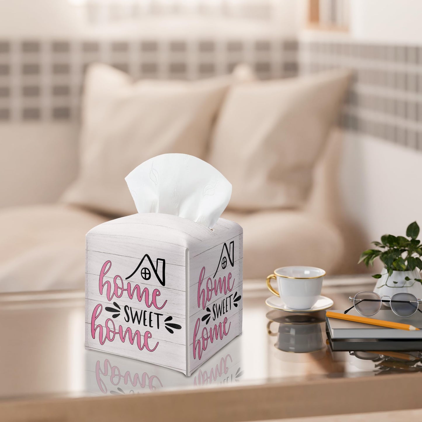 Home Sweet Home Tissue Box Cover, PU Leather Tissue Box Holder Square with Bottom Belt, Facial Paper Organizer Dispenser Toilet Paper Holder for Bathroom Kitchen Office Decor-A22