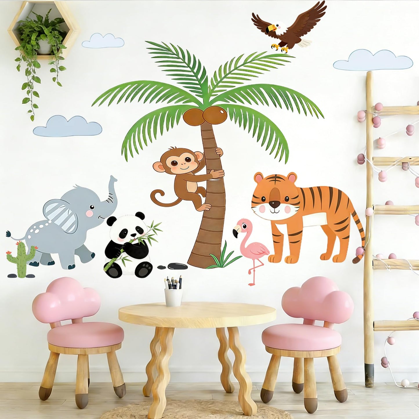 Jungle Tree Animal Wall Decals with Eagle Monkey Tiger Panda Elephant, Peel and Stick Safari Wall Stickers for Baby Nursery, Kids Bedroom and Playroom Decor