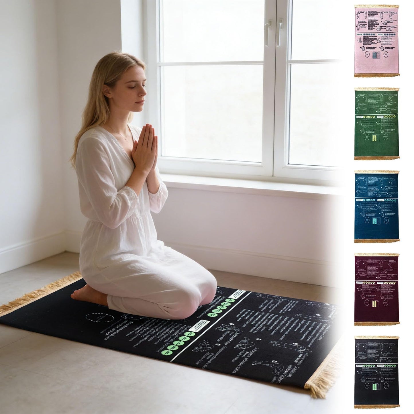 Read in English and say it in Arabic Guided Prayer Mat, Non-Slip Educational Janamaz for New Muslims, Reverts & Kids Learning Prayer - Large Spiritual Gift (Black, 65x110cm)