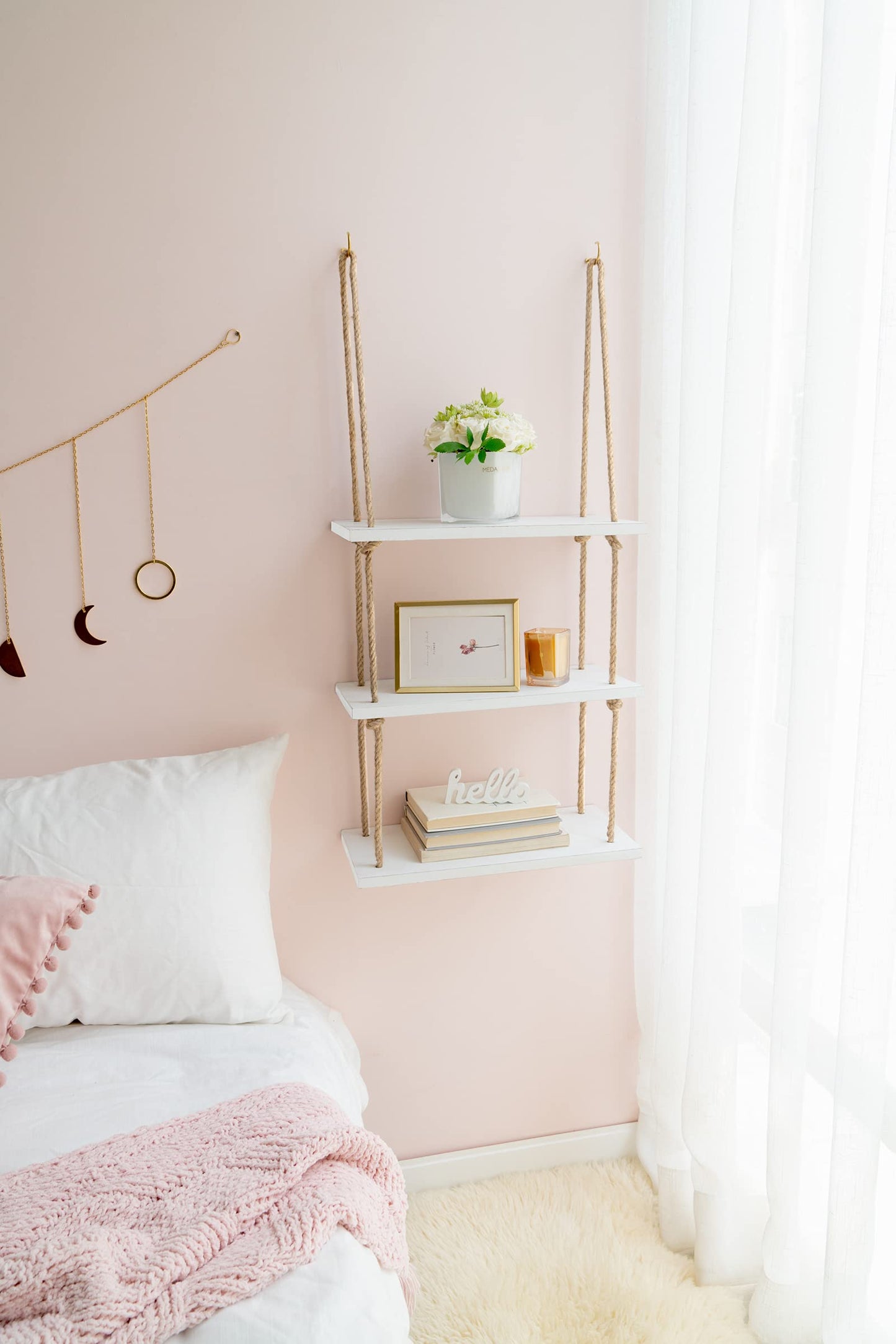 Mkono Hanging Shelves 3 Tier White Wood Wall Mount Floating Shelf with Rope Boho Decor for Living Room Bathroom Bedroom Kitchen Apartment - Rustic Wood Decorative Storage Shelf
