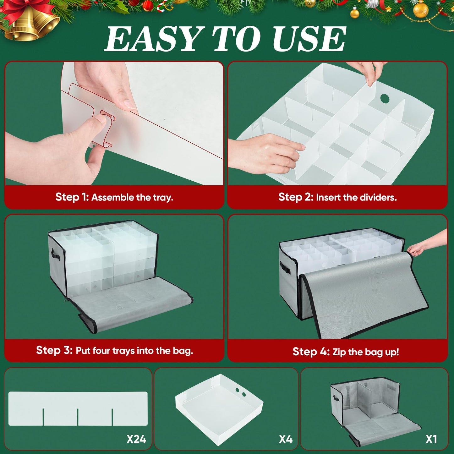 BALEINE Christmas Ornament Storage Box with Dividers, Premium Holiday Ornaments Storage Container Bin for Xmas Decorations (128 Ball, Grey, Soft)