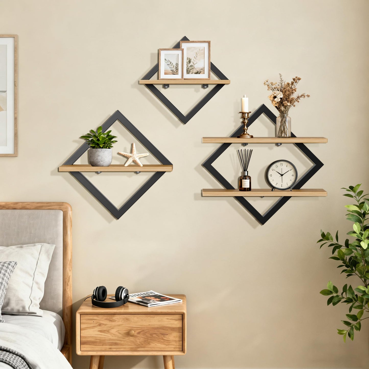 GYJZIFW Floating Shelves Set of 3-2-Tier Hanging Wall Mounted Shelves, Decorative Storage Shelf for Living Room, Bedroom, Bathroom & Kitchen, Rustic Brown (3)