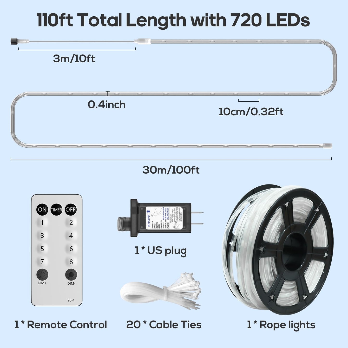 Soiarllt 100Ft 720 LED Rope Lights Outdoor Waterproof with Remote, 8 Modes and 4 Brightness Rope Lights for Outside, Garden, Patio, Pool, Bedroom, Party, Indoor Outdoor Decoration (Cool White)