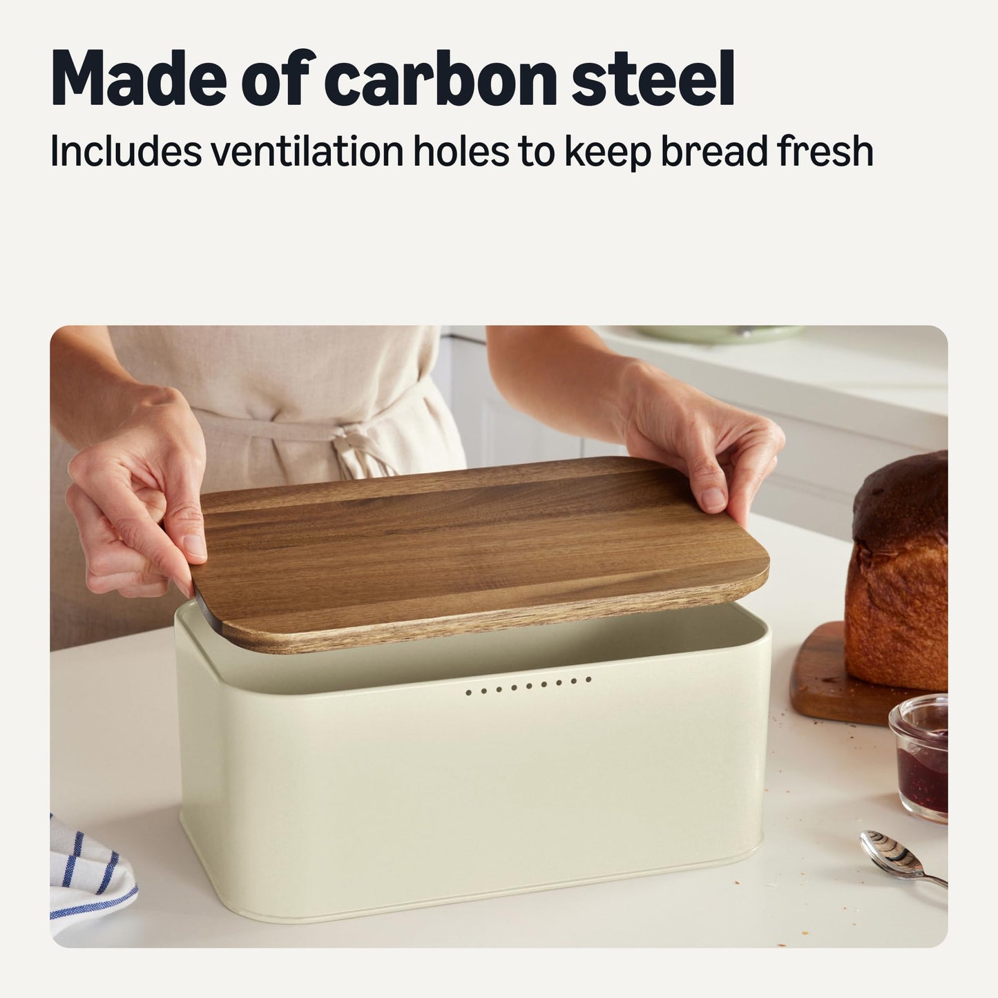 Amazon Basics Carbon Steel Bread Box with Acacia Wood Lid, Lid Doubles as Cutting Board, 11.9 x 7.1 x 5.2 in