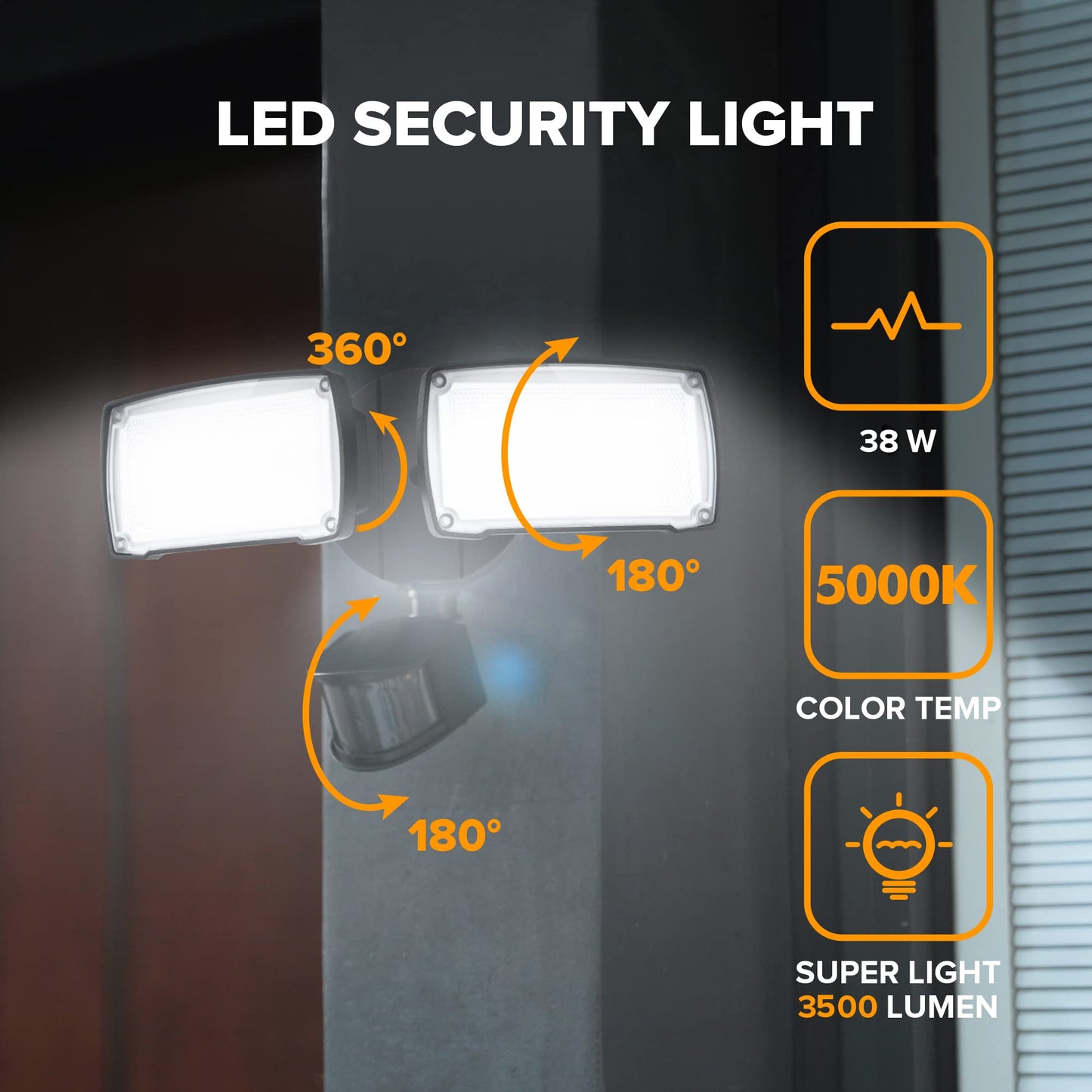 LUTEC 38W 3500 Lumen LED Motion Activated Integrated Dual-Head Floodlight Outdoor with Motion Sensor, 5000K Daylight, Dusk to Dawn, Exterior Security Wall Light for Patio, Garden, Yard(Black)