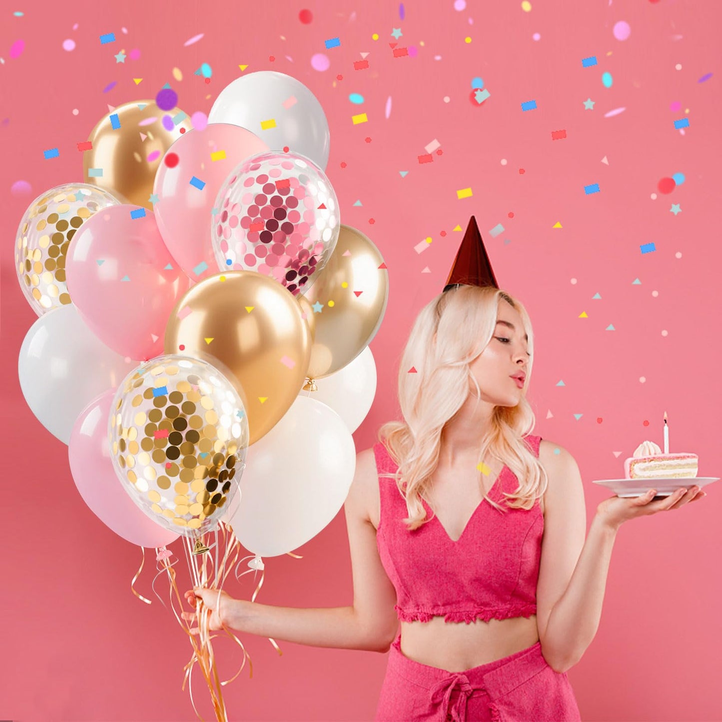 Pink Gold Confetti Balloons 12 inch White Pink Gold Birthday Balloons for Women & Girl Party Supplies for Baby Shower Wedding Bridal Shower Graduation Bachelorette Princess Party