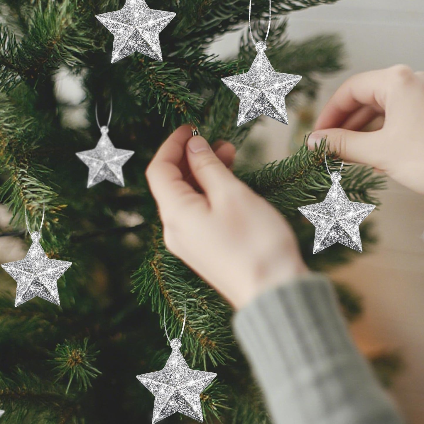 Shappy 48 Pcs Glitter Star Ornaments Christmas Tree Mini Hanging Stars Christmas Decorations Plastic Festive Embellishments for Holiday Party Weddings Home Decoration (Silver)