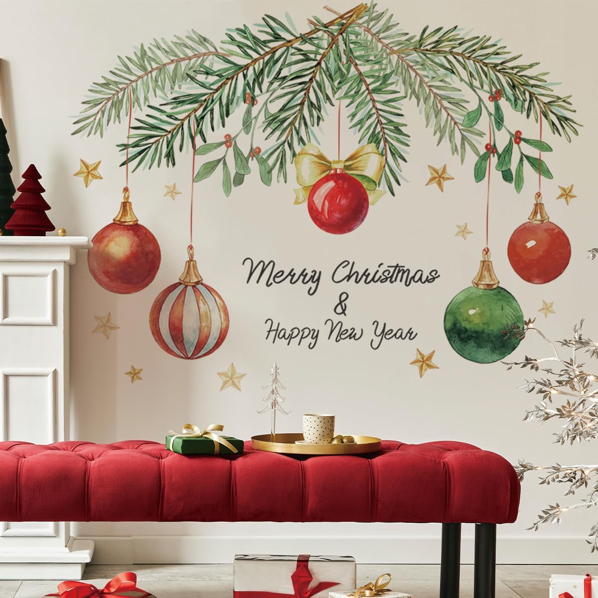 Merry Christmas Wall Decals Happy New Year Wall Stickers Removable Light Ball Wall Decals Decor for Xmas Holiday Party Supplies Home Decor