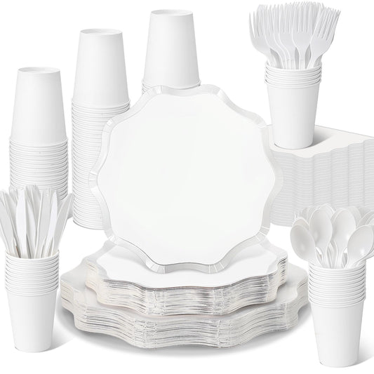 Ziliny 350 Pcs Cute White Party Supplies, 50 Guests Disposable Paper Plates Paper Cups Cutlery Napkins Dinnerware Set for Wedding, Birthday, Baby Shower, Outdoor (scallop Wave 1, White)