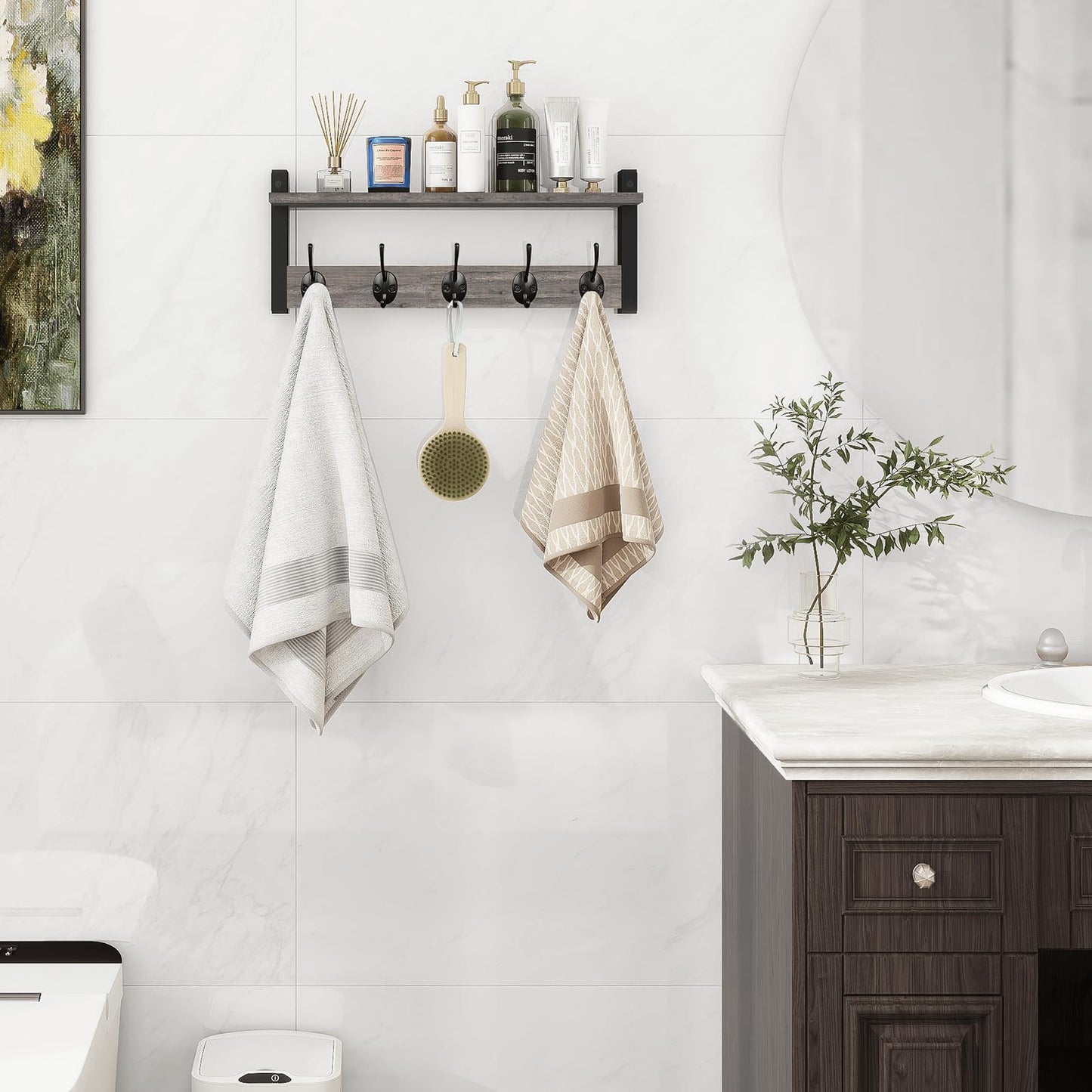 Homode Wall Hooks with Shelf, Coat Rack Wall Mount, Entryway Shelf with Hooks for Clothes, Backpack, Key, Purse - Rustic Grey