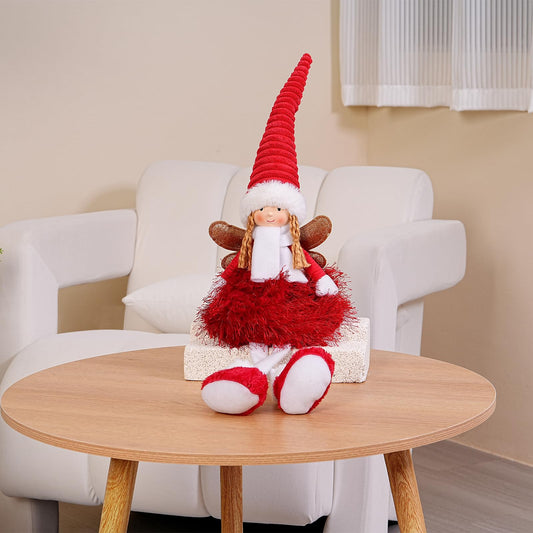 Dedrian11 Christmas Angel Figurine, Plush Shelf Sitter Fairy Doll with Poseable Wired Hat & Arms, White Tabletop/Mantel/Window Decor, Holiday Home Decoration Gift