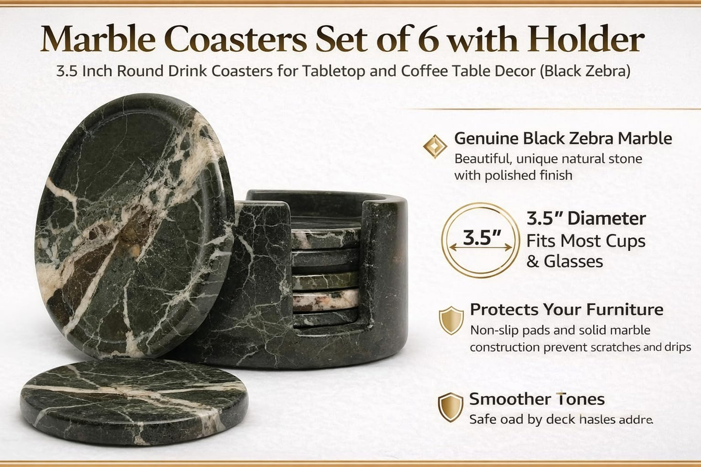 Marble Coasters Set of 6 with Holder, 3.5 Inch Round Drink Coasters for Tabletop and Coffee Table Decor (Black Zebra)