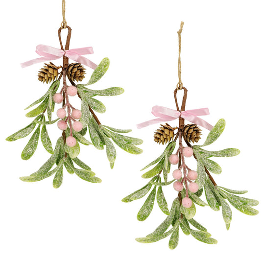 Christmas Mistletoe Decorations Frosted Artificial Mistletoe Ornaments with Bows Berries Pine Cones Snowy Fake Hanging Kissing Plant Stems for Xmas Tree Picks Doorway Holiday Decor (2, Pink)