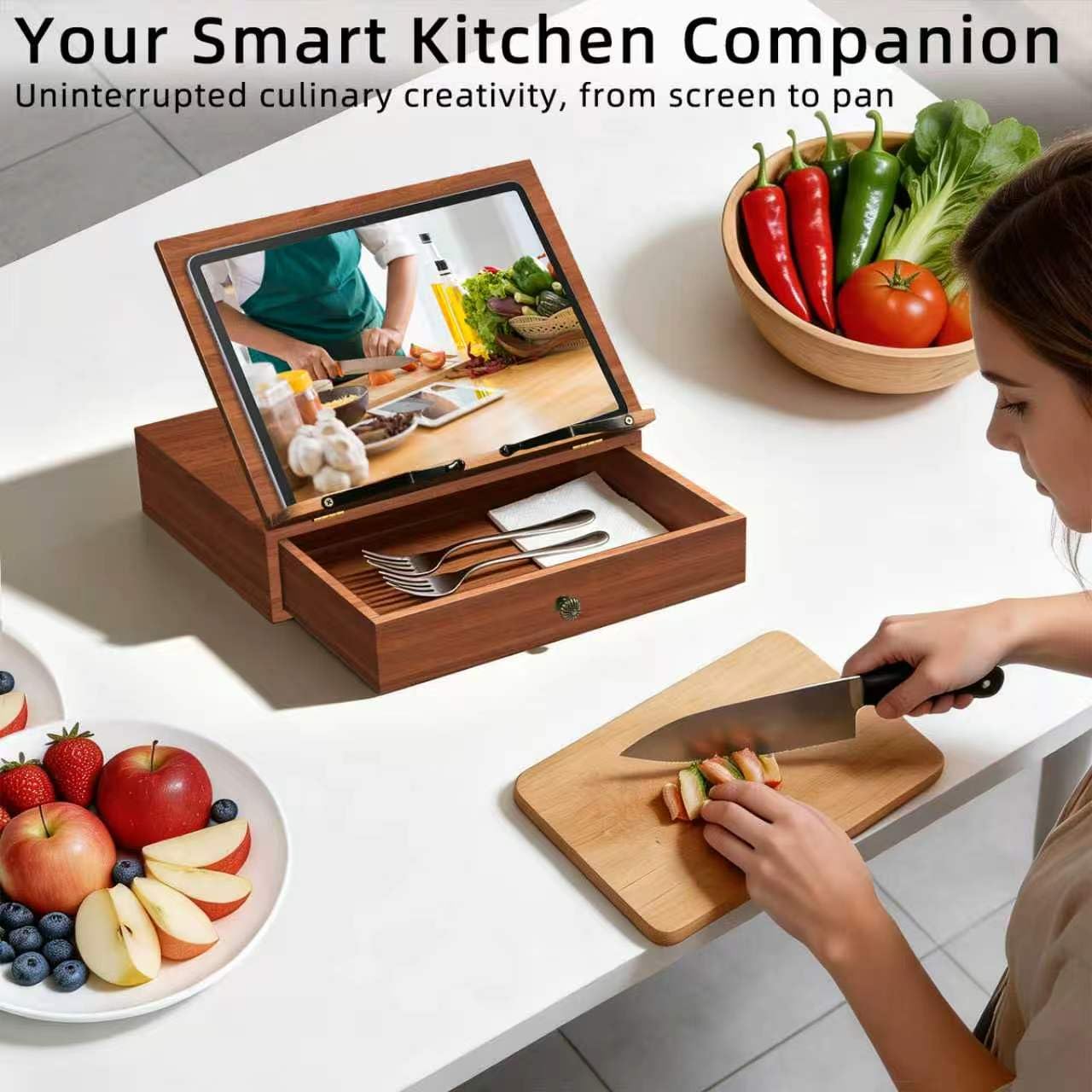 Book Stand with Storage, Book Holders for Reading Hands Free, Wooden Cookbook Stand with 4 Adjustable Height for Recipe,Magazine,Laptop,Tablet, Bible