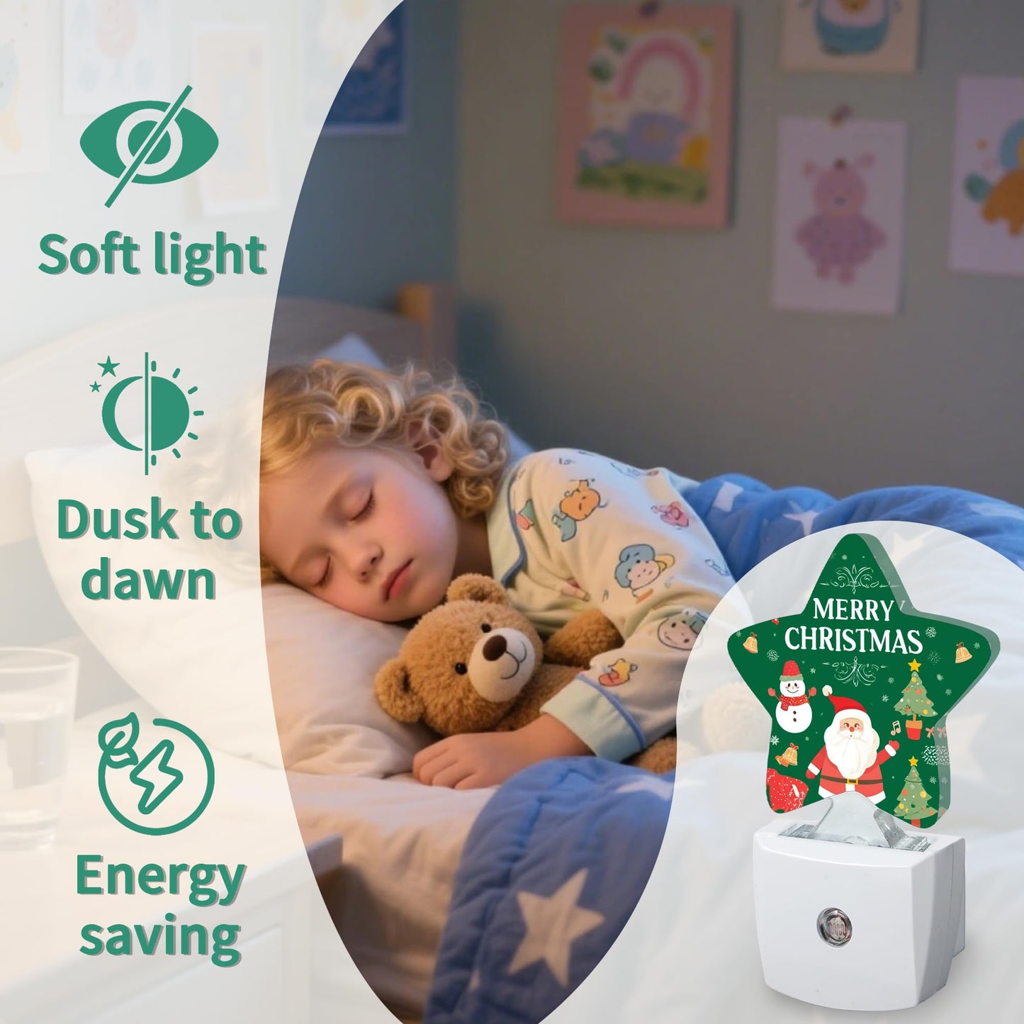 Star Night Light with Dusk to Dawn Sensor, Santa Claus Plug in Night Light for Kids Bedroom Nursery, Soft Warm Glow Lamp for Hallway Bathroom Energy Saving