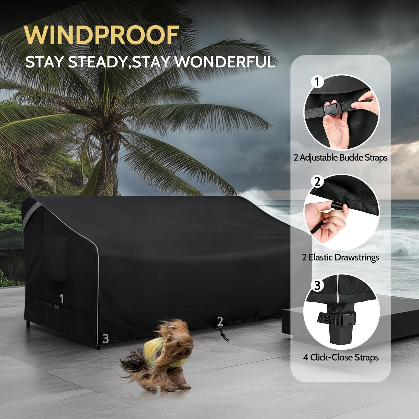 COSFLY Outdoor Patio Sofa Covers Waterproof, Heavy-Duty UV-Resistant Furniture Covers, Adjustable Fit with Buckle Straps, Fits 3-Seater Sofa up to 79"W x 38"D x 35"H ( Black)