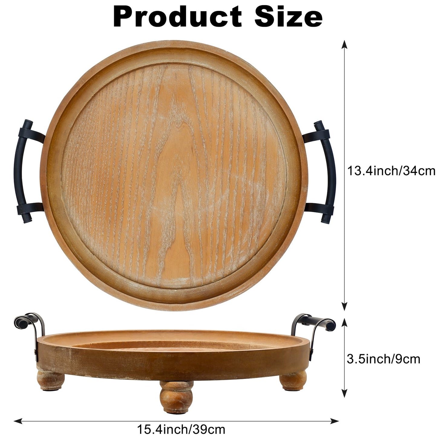 TOOLTENG Wooden Decorative Tray for Coffee Table, Round Wood Serving Tray with Metal Handles, 13 Inch Rustic Wood Trays for Tale Centerpiece, Home Kitchen Farmhouse Decor