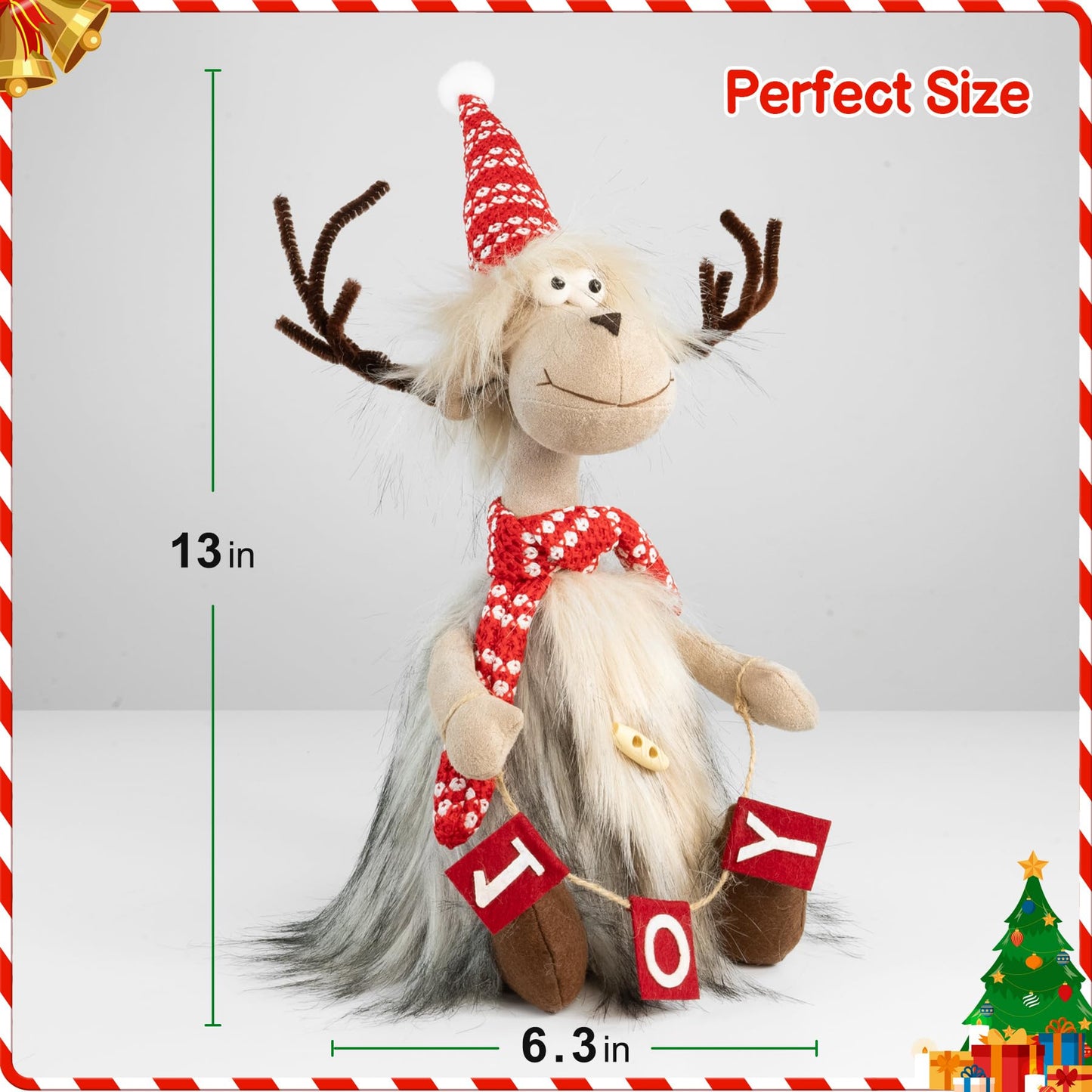 TACROART Reindeer Christmas Decoration – Plush Sitting Reindeer Figurine with Faux Fur Coat & JOY Banner, Rustic Tabletop Christmas Decor for Mantel, Shelf, or Gift Display
