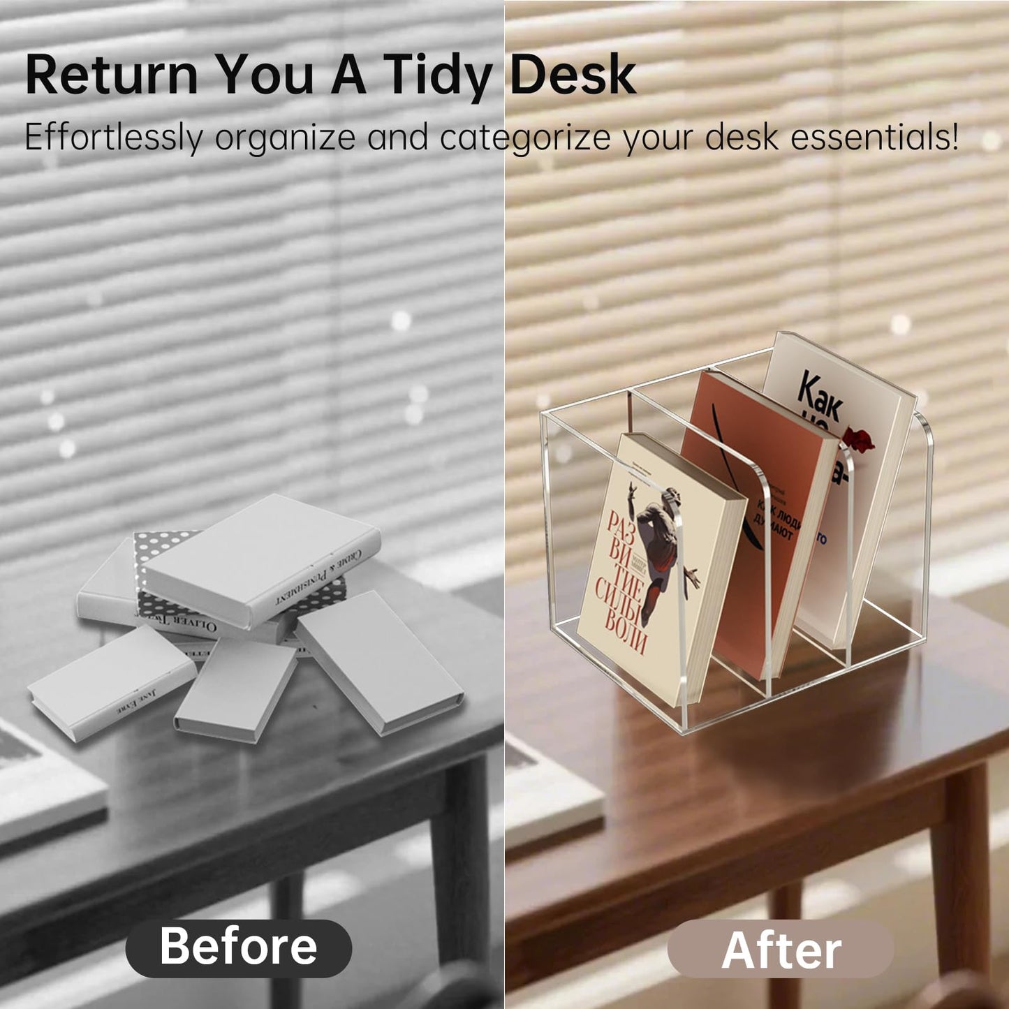 POCFOINY Acrylic Desk Organizer Book Organizer, Magazine File Holder, Vertical File Organizer Stand File Folder Holder, Mail Organizer Countertop Mail Sorter File Sorter, Clear Book Ends Book Holder