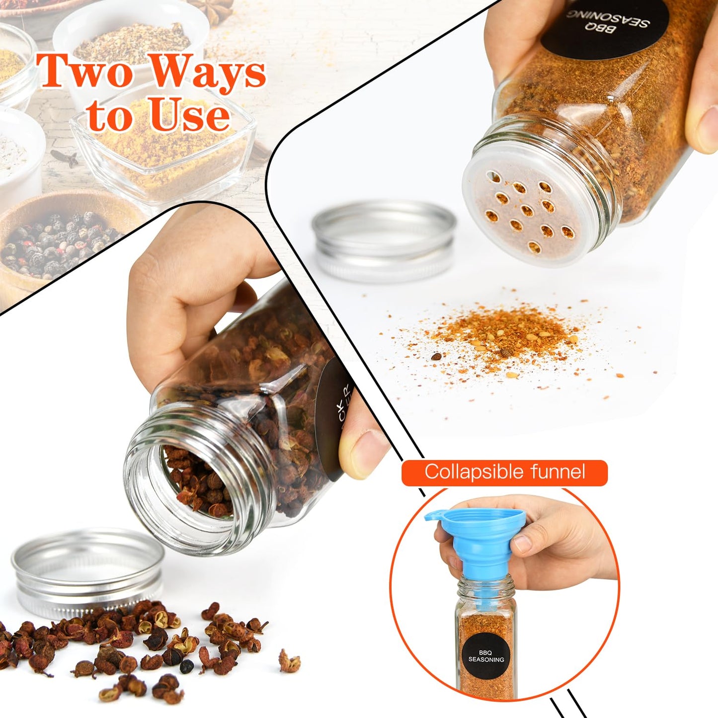 DkOvn 6pcs Glass Spice Jars, 4oz Empty Spice Jars with Metal Caps, Labels, Shaker Lids, Collapsible Funnel, Chalk Pen, Seasoning Organizer for Spice Rack