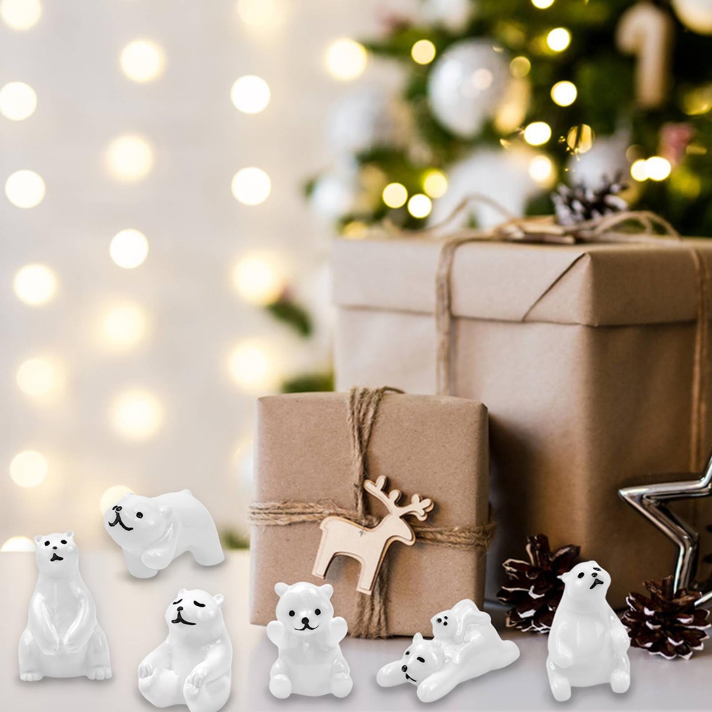 Feivando 40 Pcs Mini Resin Polar Bear Figurines with Snowflakes Tiny Little Winter Resin Animal Miniature Figures for Holiday Crafts Garden Micro Landscape Home Table Decor
