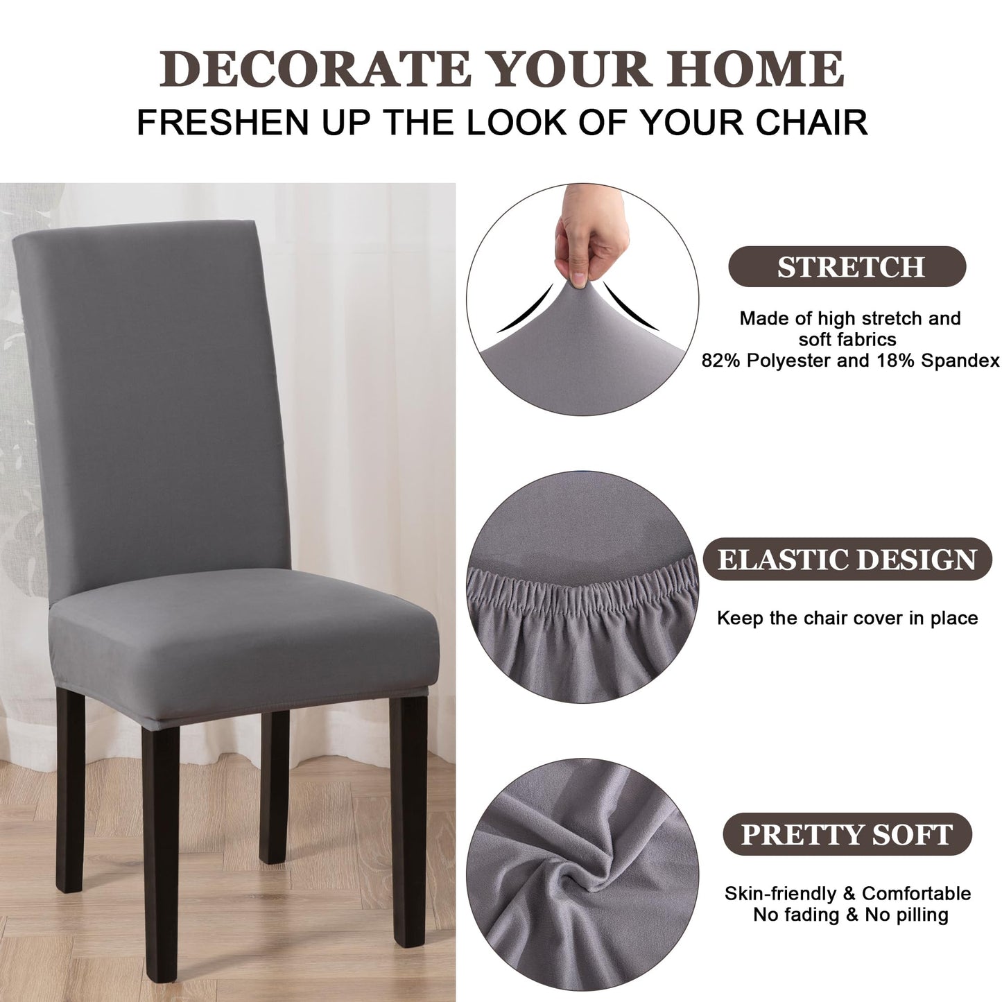 Sufdari Dining Chair Covers,Kitchen Cover,Parsons Slipcover,Spandex Protectors for Room Stretch Chairs Cover Set of 4 -Gray