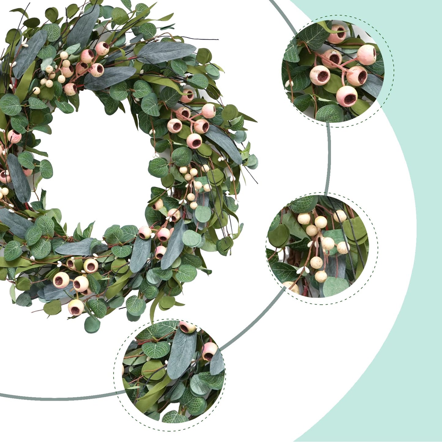 Bibelot 20inch Artificial Eucalyptus Wreath Green Leaves White Berry Big Berries Wreath for Front Door All Seasons Decoration Year Round Decor Home Decor