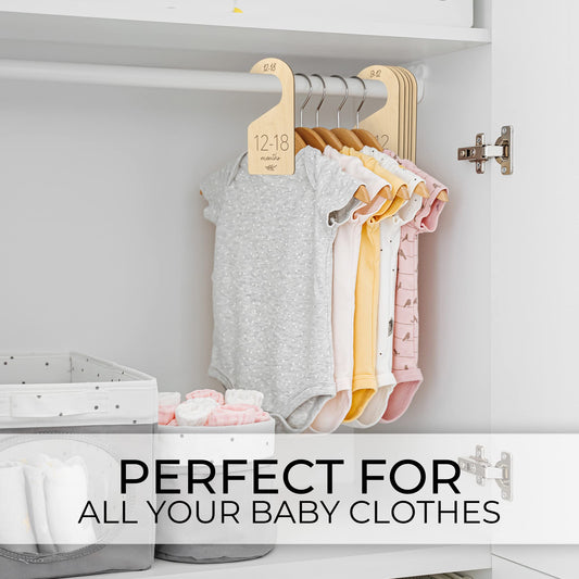 Beautiful Wooden Baby Closet Dividers Set of 7 - Double-Sided Organizer for Newborn to 24 Months Size Clothes - Adorable Nursery Decor Hanger Dividers Easily Organize Your Little Girls or Boys Room