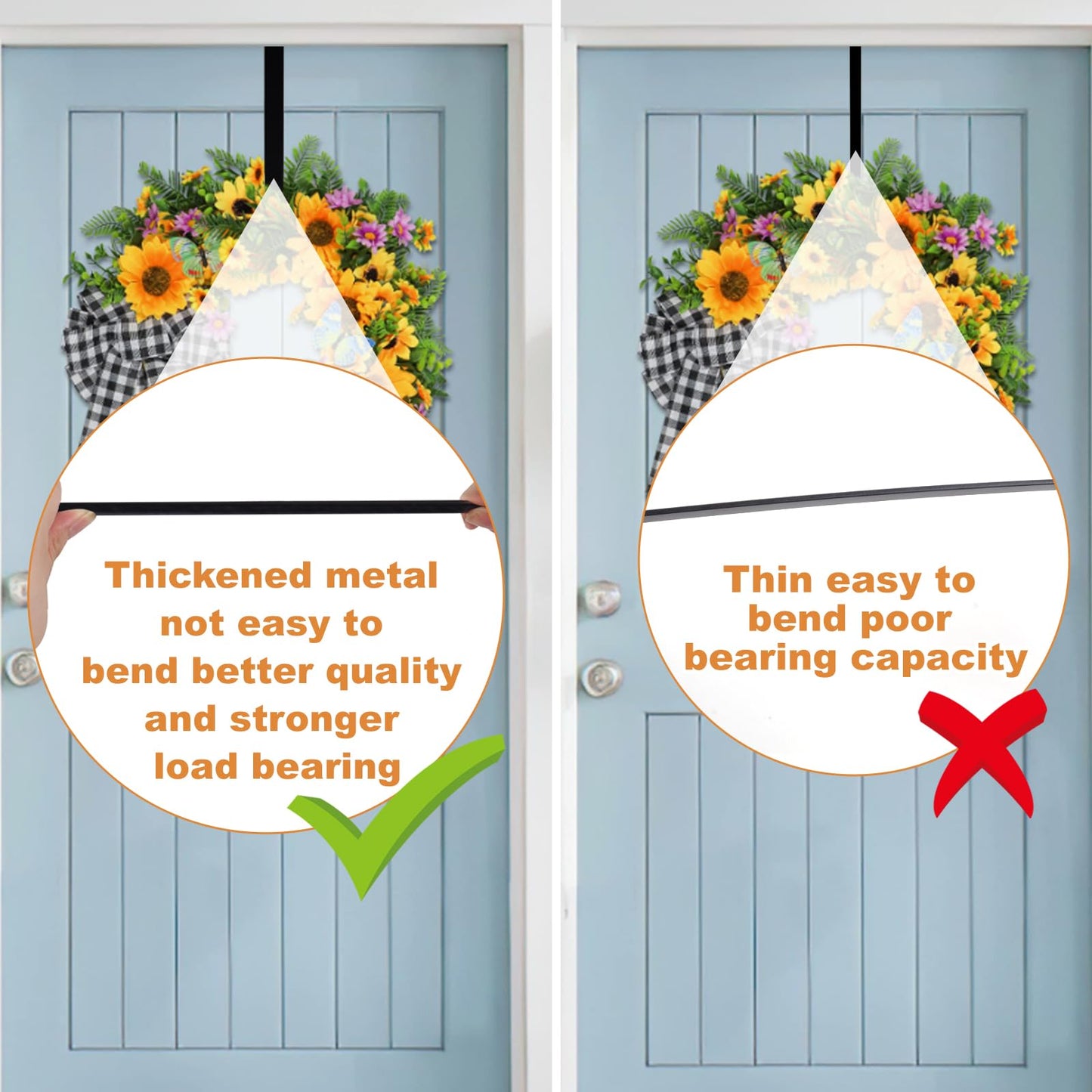 PECULA 2 Pack 14' Wreath Hangers for Front Door, Wreath Hanger 40lb Load-Bearing, Metal Wreath Hanger for Welcome Sign, Door Decorations (Black)