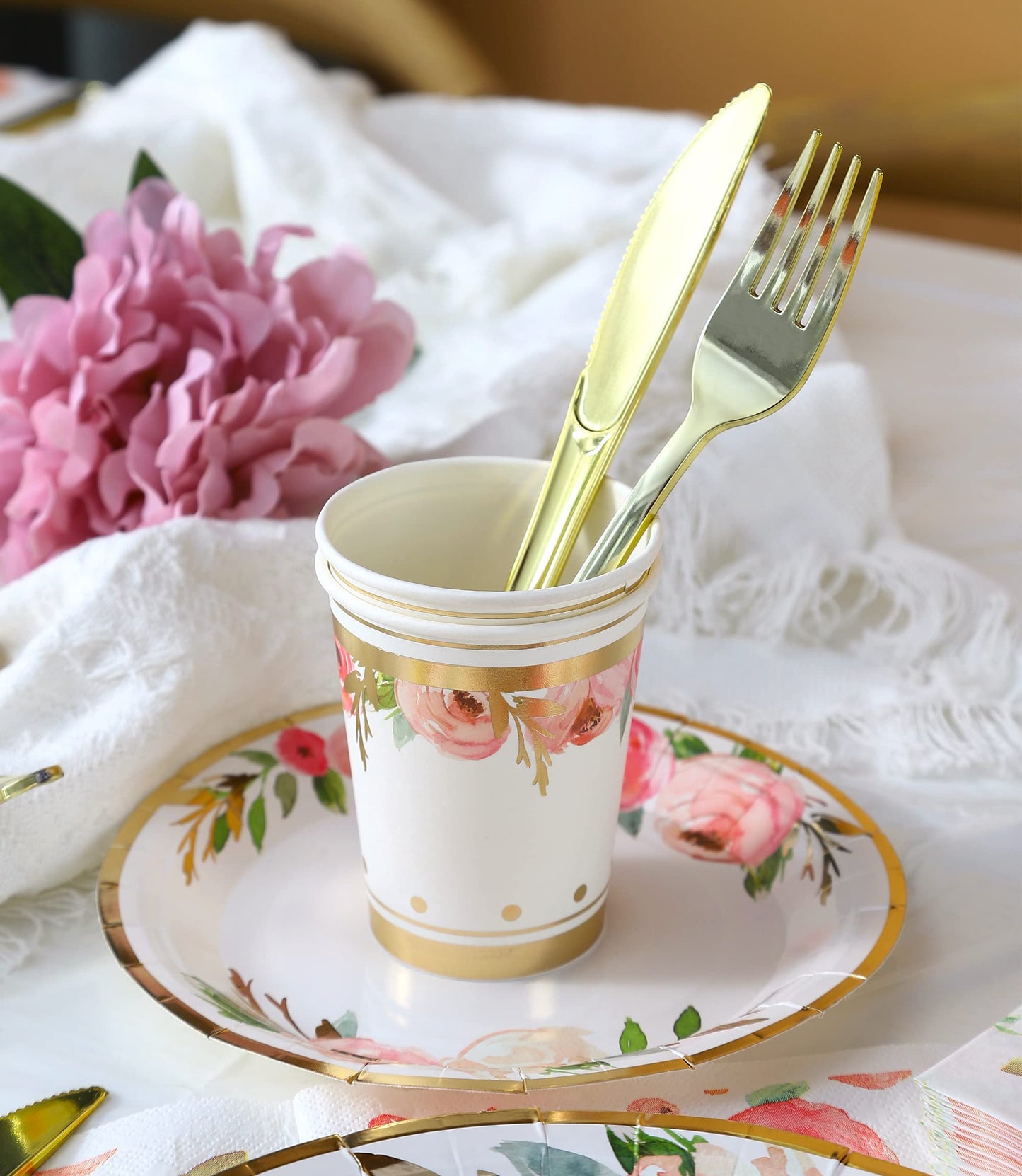 Luxury Floral Paper Plates and Napkins Party Supplies - Serves 16 - Pink and Gold Flower Decoration for Floral Baby Shower Bridal Shower Tea Party Birthday