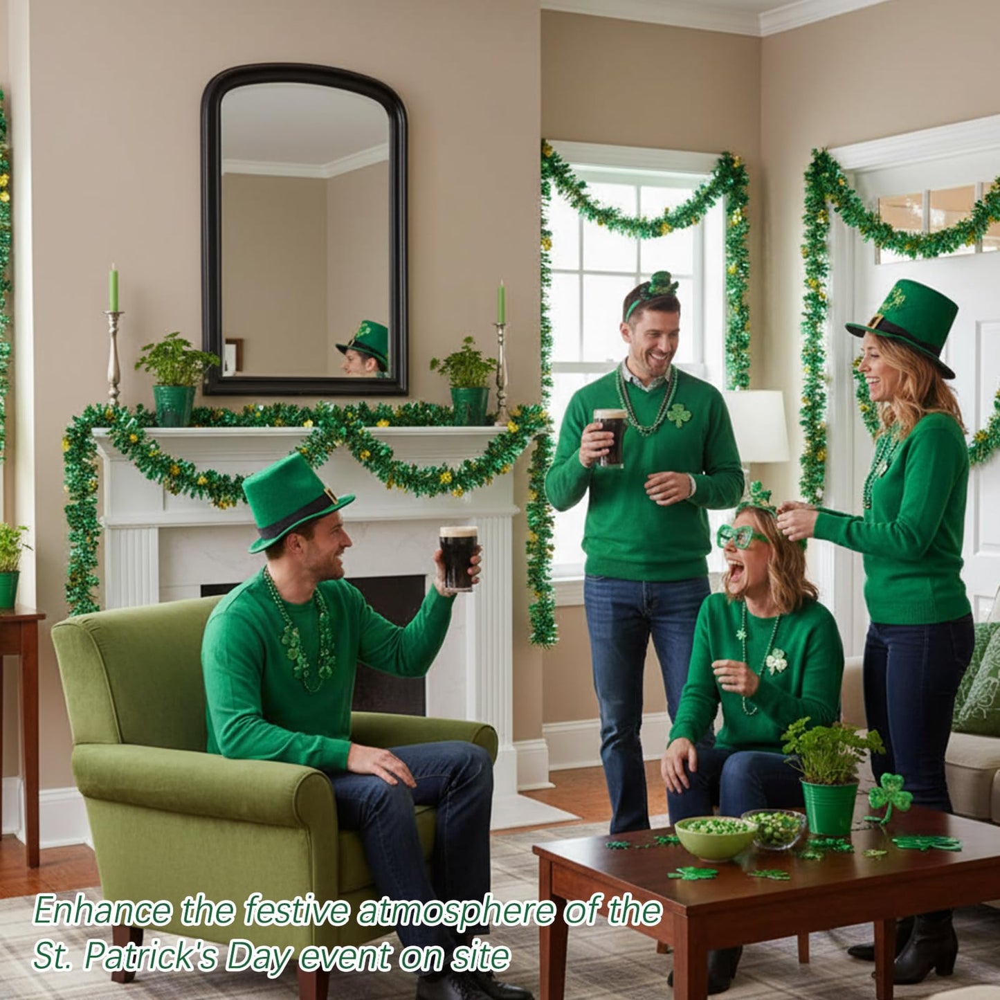 JFBNXB St Patricks Day Garland, St Patricks Day Decorations for Home and Party, 12 Meters Long Green Shamrock Festive Decor, St Patricks Day Party Supplies