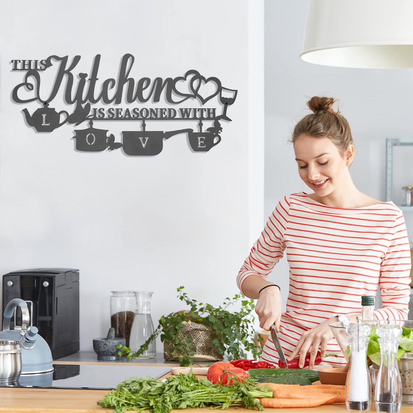 KHayRovies Metal Kitchen Wall Decor, This Kitchen is Seasoned with Love Black Word Name Sign Hanging Wall Art Decor, Rustic Iron Letters Quotes for Kitchen Farmhouse Dining Room Home Decor (A)