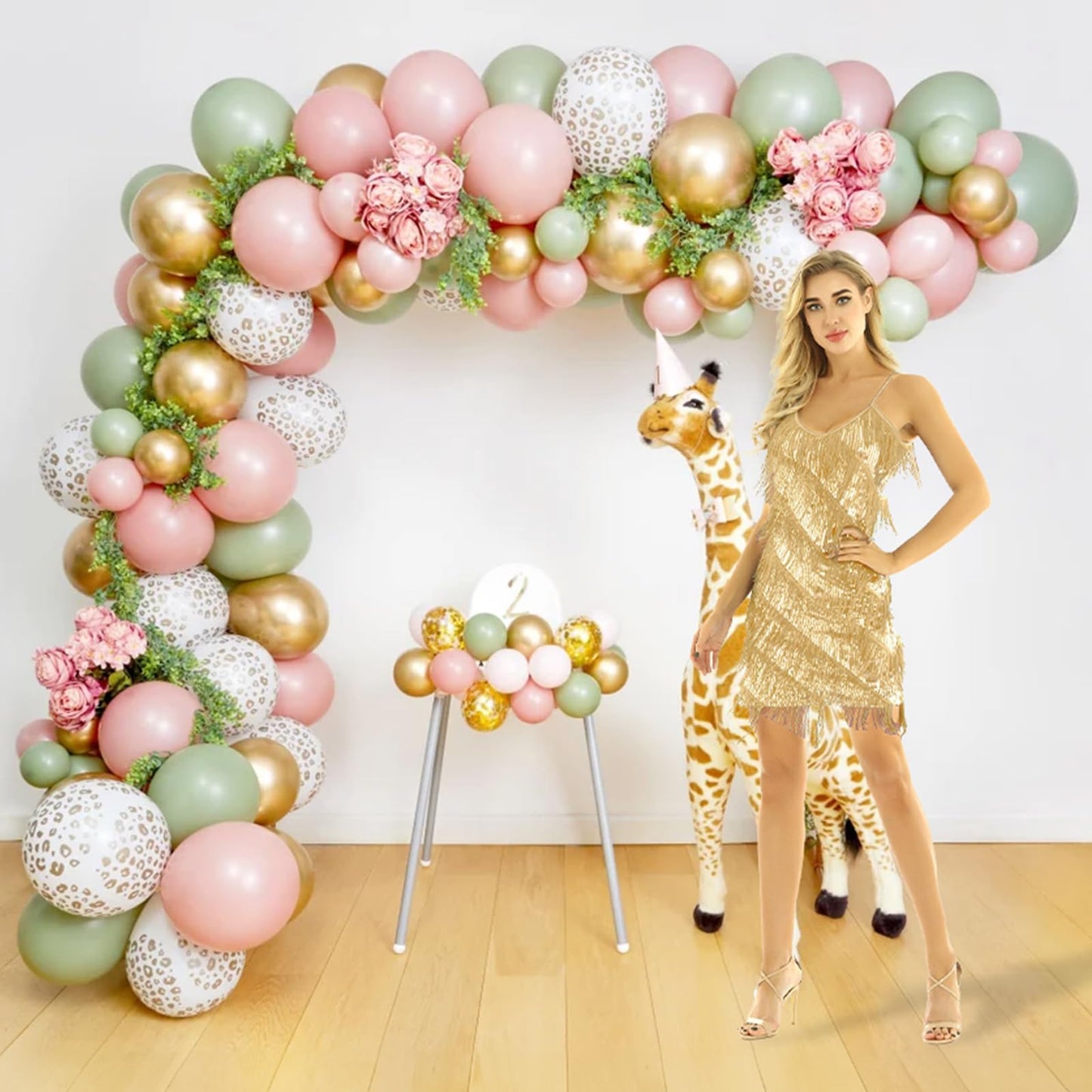 HILAVO Pink and Green Balloons Retro Sage Green Pink Metallic Gold Confetti Balloons Olive Green Gold Pink Beige Latex Balloon for Easter Jungle Safari Christmas Woodland Birthday Party Decorations