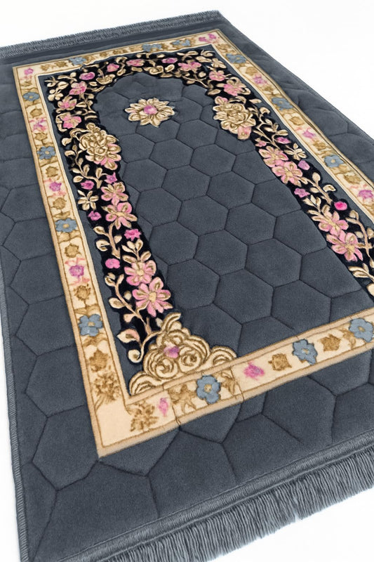 Prayer Mat Muslim Rug Islamic - Padded Thick Prayer Rug Sajadah for Men Women with Islam Prayer Beads for Eid Travel Ramadan, Soft and Luxury (Grey)
