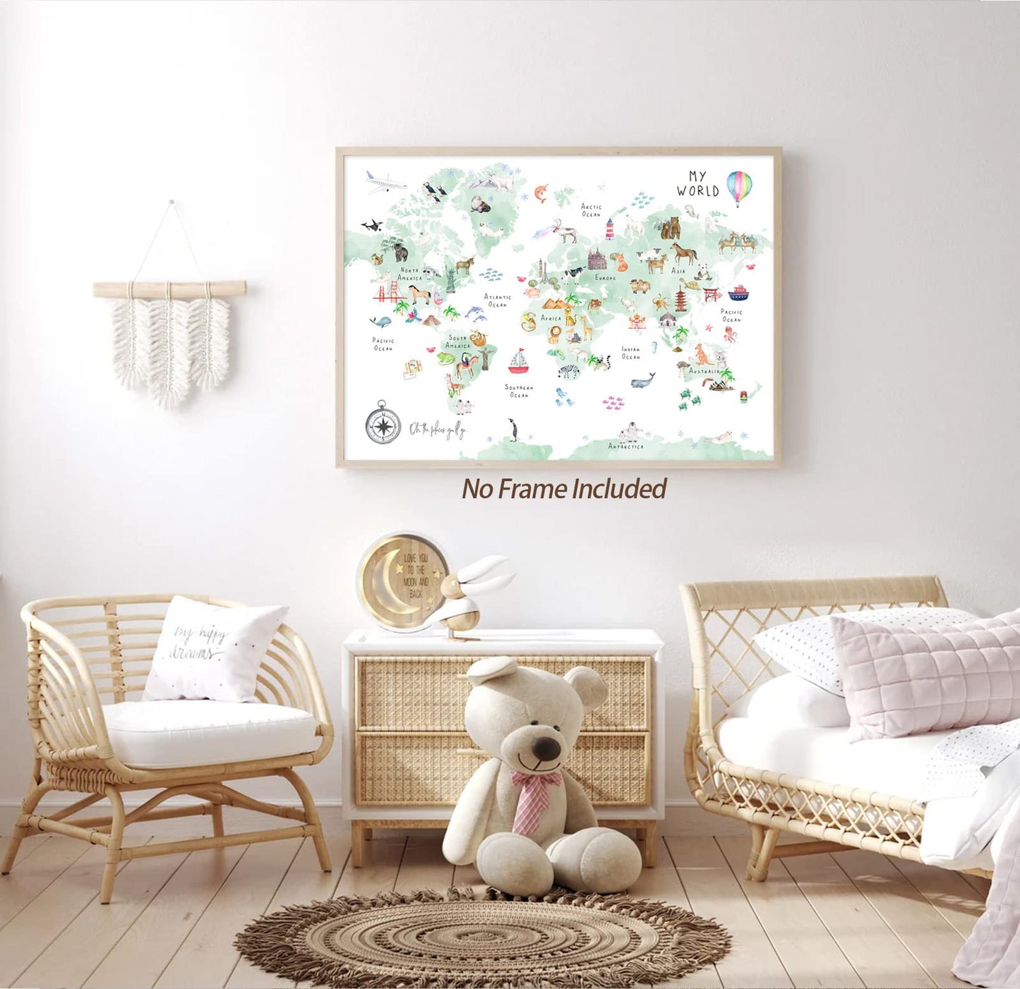 Joocrise Green Kids World Map Wall Art Animal Map Canvas Wall Art Nursery Wall Decor World Map Poster Childrens Room Decor Playroom Prints Educational Artwork 16x24 Inch Unframed