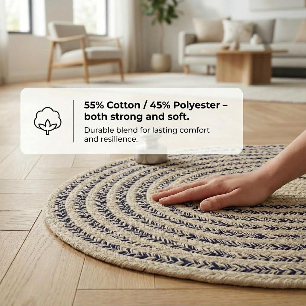 Cotton Braided Rug - 20" X 30" Beige and Navy Oval Woven Farmhouse Rug for Bathroom - Braided Minimalist Rugs for Kitchen - Rustic Primitive Rugs for Entryway