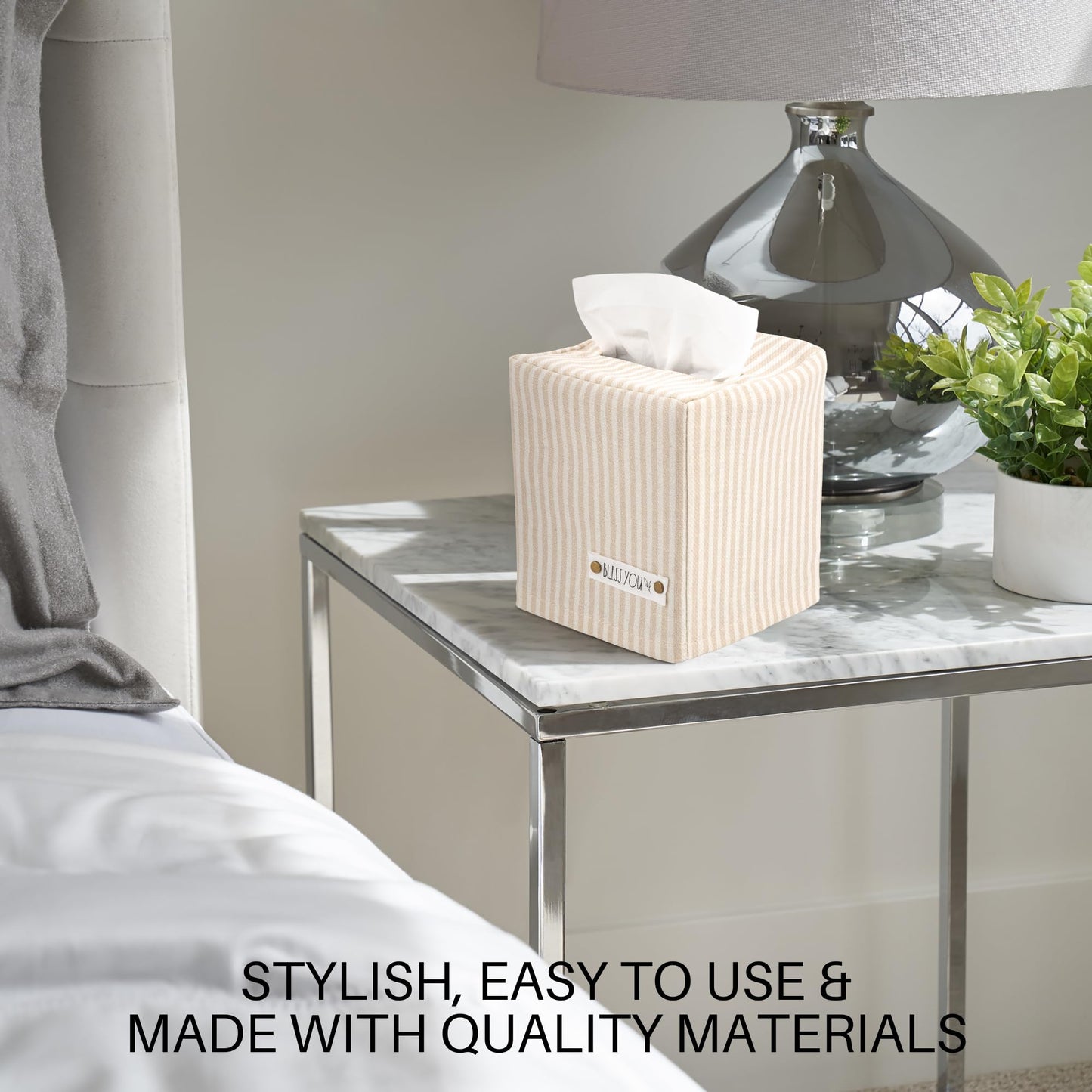 Stylish Tissue Box Cover - This Beige Striped Linen Holder Instantly Covers Your Square Tissue Boxes - The Perfect Cube Cover for Your Bathroom and Home