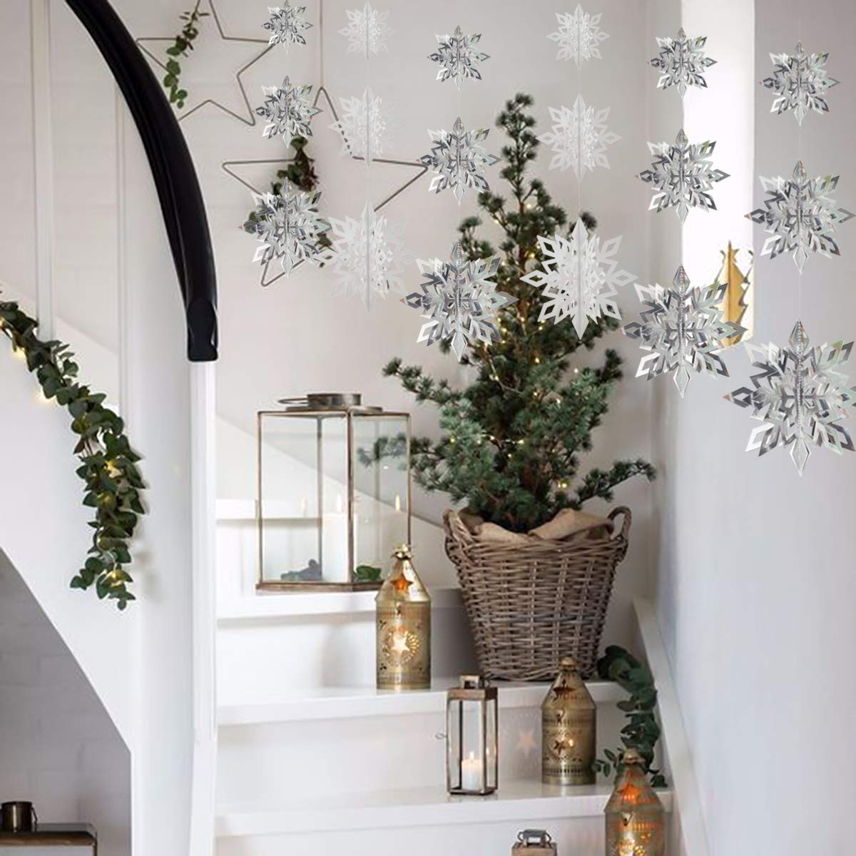 Crafare Christmas 3D Hanging Snowflakes Ornaments 3 Size 18PCS White Silver Snowflakes Hanging Garland for Winter Wonderland Holiday New Year Party Home Decoration