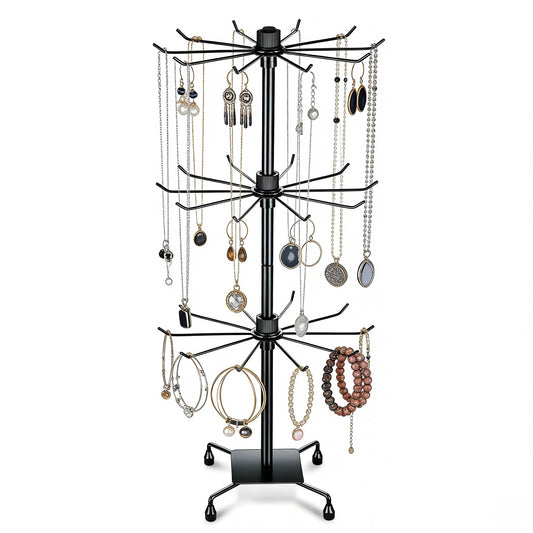 bahforam 2 Pcs 3-Tier Rotating Jewelry Display Stand, 28.35 inch Tall Floor-Standing Metal Rack with 60 Hooks Total (30 per Stand), Adjustable Tiers, Black - Necklaces, Earrings, Keychains