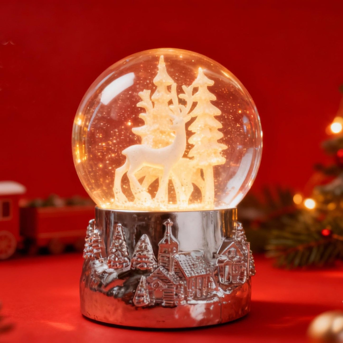 Hpoeude Winter White Deer Musical Christmas Snow Globe LED Light Up,120MM Snowflakes, 6.7Inch Height Water Globe, Festive Christmas Decor, Ideal Gift for Women and Adult.