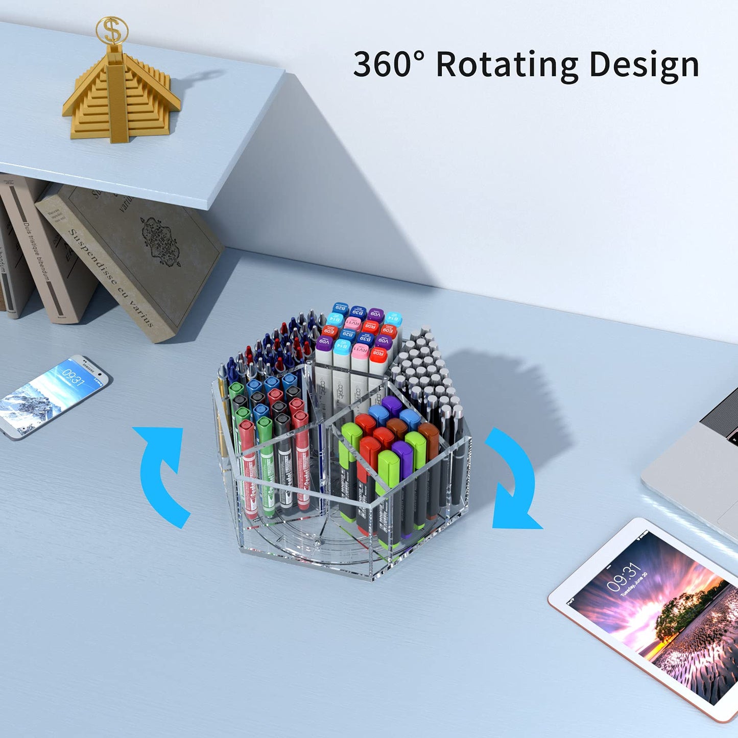NIUBEE Acrylic Pen Pencil Holder 7 Compartments, Crayon Organizer, Multi-capacity Marker Storage Art Supply Organizer, 360° Rotating Clear Pencil Cup