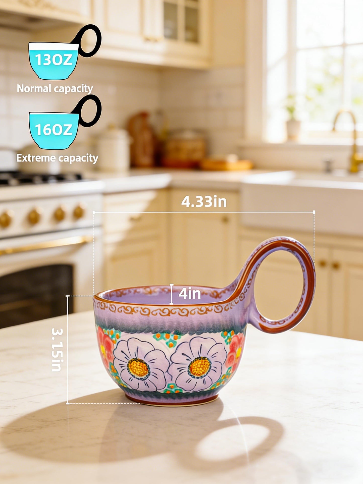 silesia Handmade Ceramic Soup Bowl with Loop Handle, Hand Painted Floral Cereal Bowl, Artisanal Soup Mug for Chili, Stew, Oatmeal, Microwave Safe, Glazed Purple