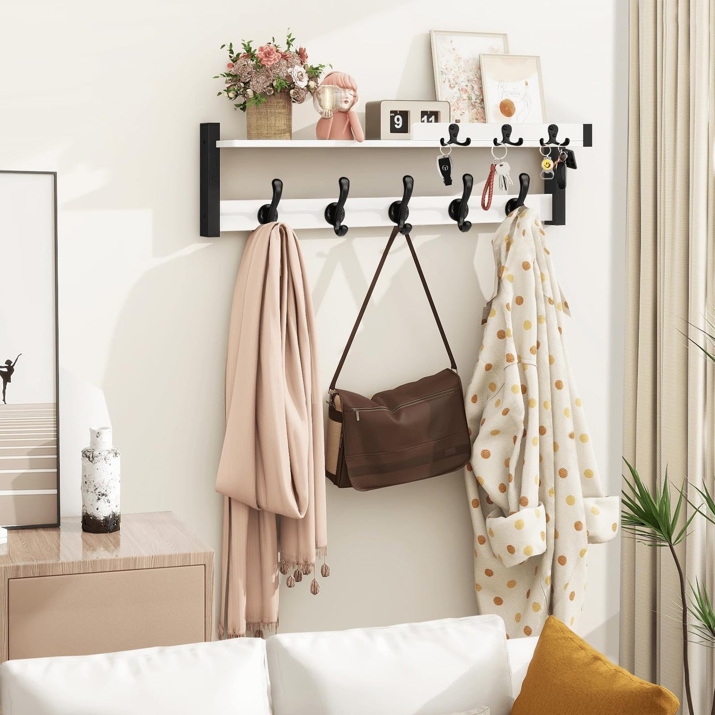 Homode Coat Rack Wall Mount, 29" Modern Floating Shelf with Key and Mail Holder, Wooden Entryway Hanging Shelf with Hooks and Storage for Hat Towel Jacket Purse Backpack Dog Leash, White