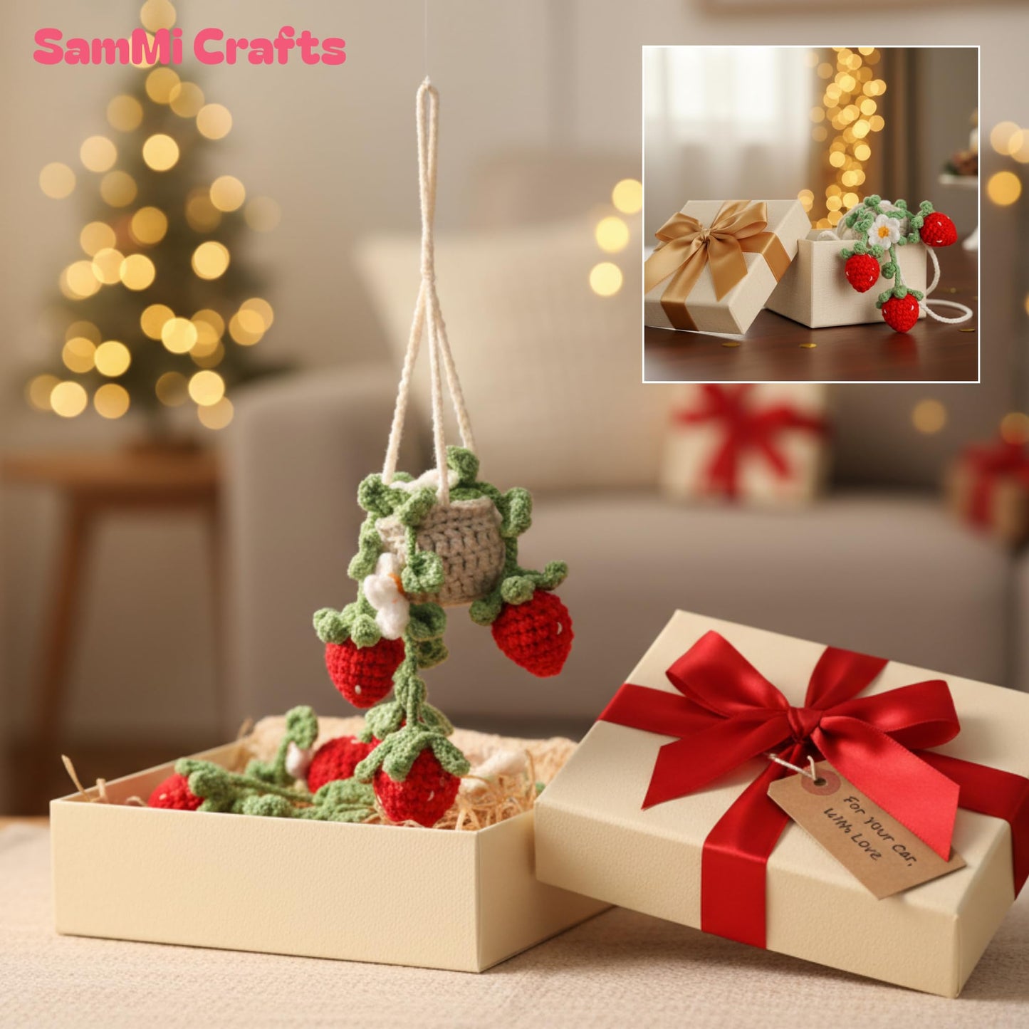 Handmade Strawberry Pot Crochet Car Hanging Ornament, for Mom, Cute Rear View Mirror Car Charm, Yarn Car Accessory for Women (Strawberry Pot)