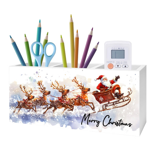Exqcom Winter Christmas Santa Pen Pencil Holder for Desk, Christmas Office Decor, Snowy Xmas Santa Claus and Reindeer Wooden Box Block Sign for Home Office Desk Tabletop Decoration