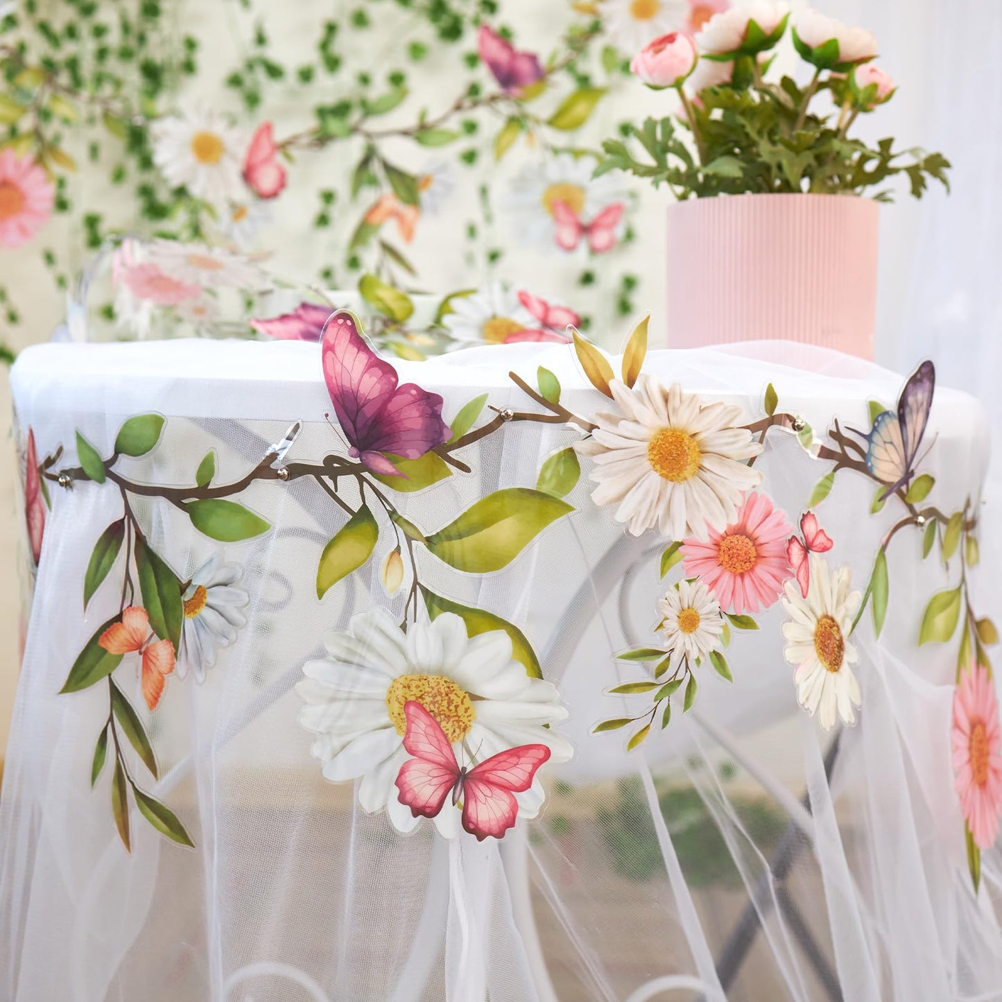 SUNBEAUTY 2Pcs Butterfly Daisy Garland Banner Reusable Waterproof Wildflower Garland 13ft for Enchanted Garden Woodland Birthday Baby Shower Bloom Tea Party Wedding Mother's Day Backdrop Decorations