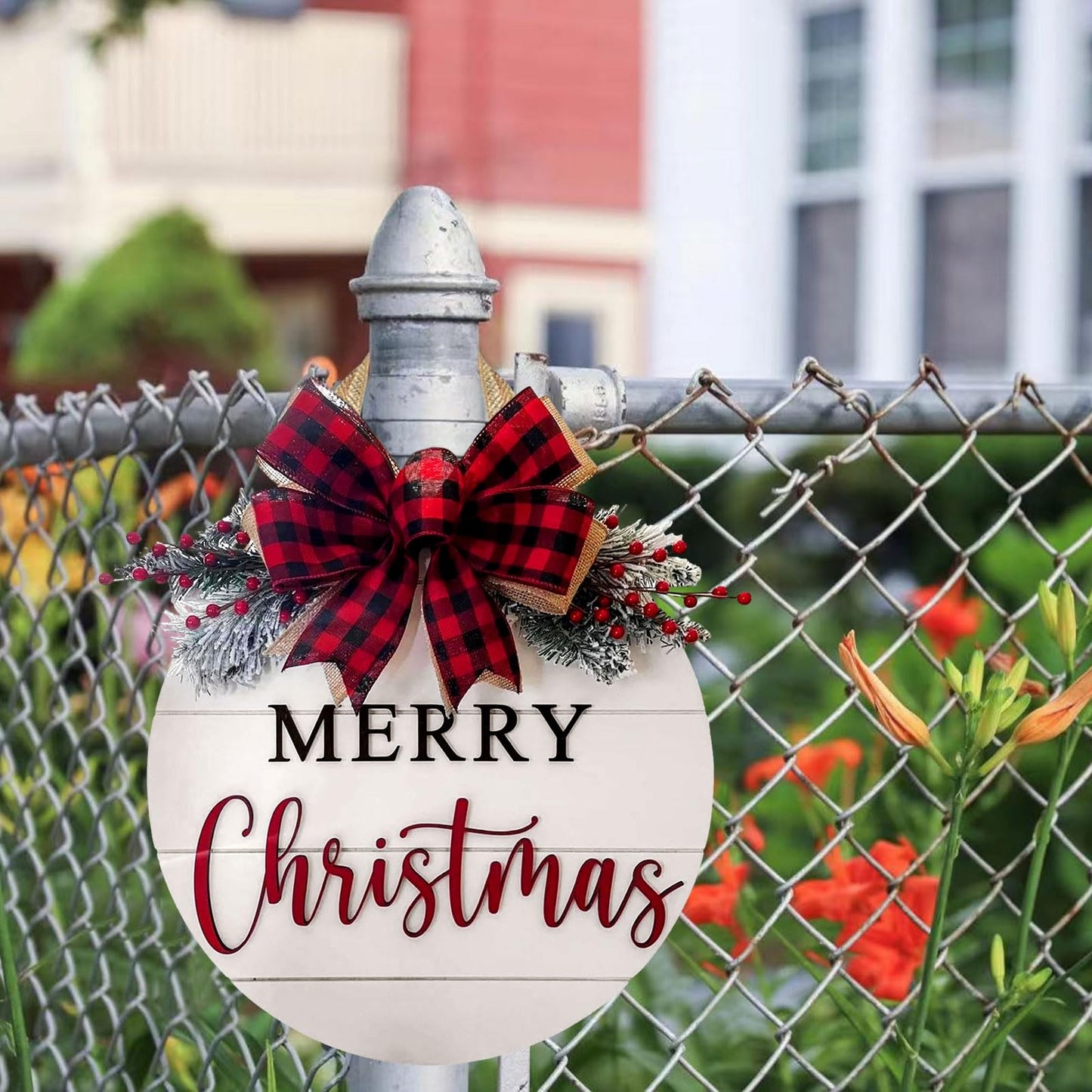 Merry Christmas Wreath Welcome Sign for Front Door, 11.8 inch Wooden Merry Christmas Sign for Holiday Rustic Farmhouse Front Door Porch Wall Window Outside Decorations (Merry Christmas-White)