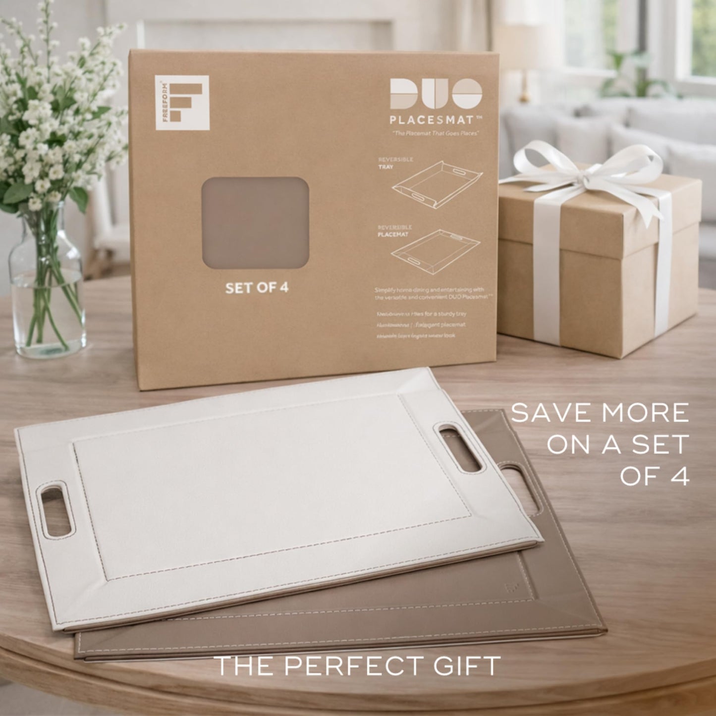 FREEFORM PLACEsMAT 2-in-1 Faux Leather Placemat & Serving Tray | Reversible Design, Lays Flat & Easy to Clean | Ottoman Food Tray, Perfect Housewarming Gift, 18” x 14” (Taupe & White, Single)