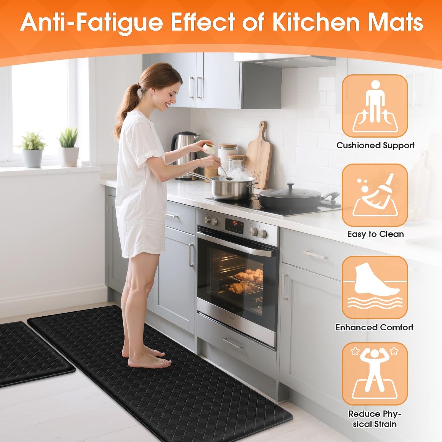 TranquilRelax Kitchen Mats, 2PCS Kitchen Rugs, Cushioned Anti Fatigue Kitchen Mats for Floor, Non-Slip Standing Sink Mat, Waterproof Kitchen Rug Set for Kitchen Floor Office,17.3"×30"+17.3"×47" Black